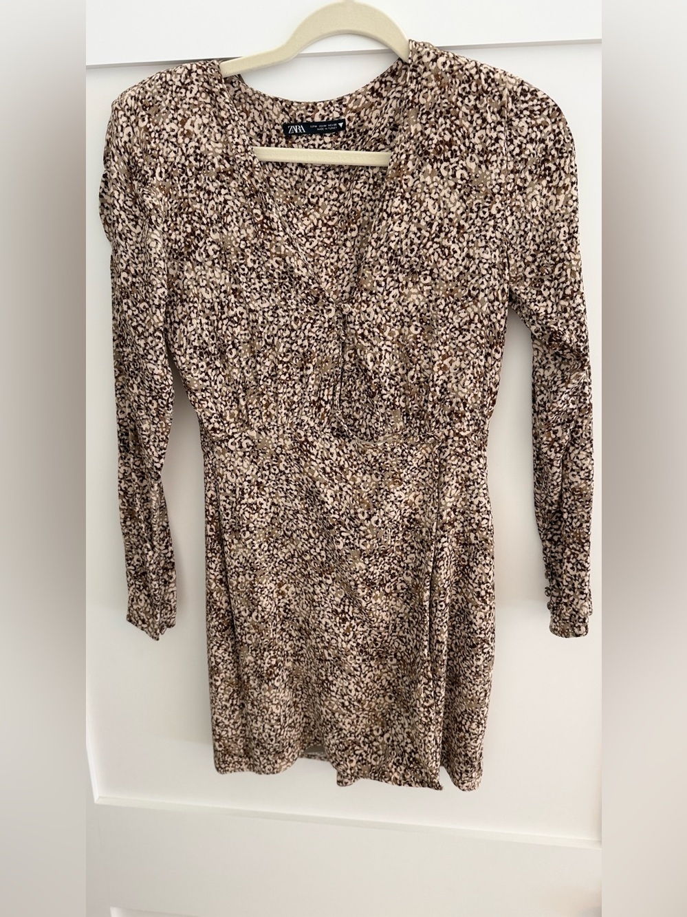 Zara Beige and Brown Printed Long-Sleeve Dress